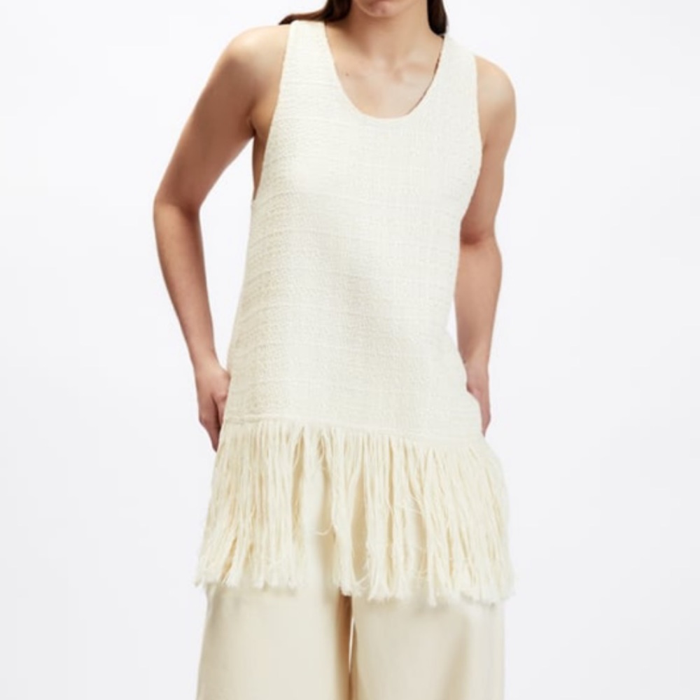 Zara NWT S cream fringed textured top with back hidden inseam zipper.